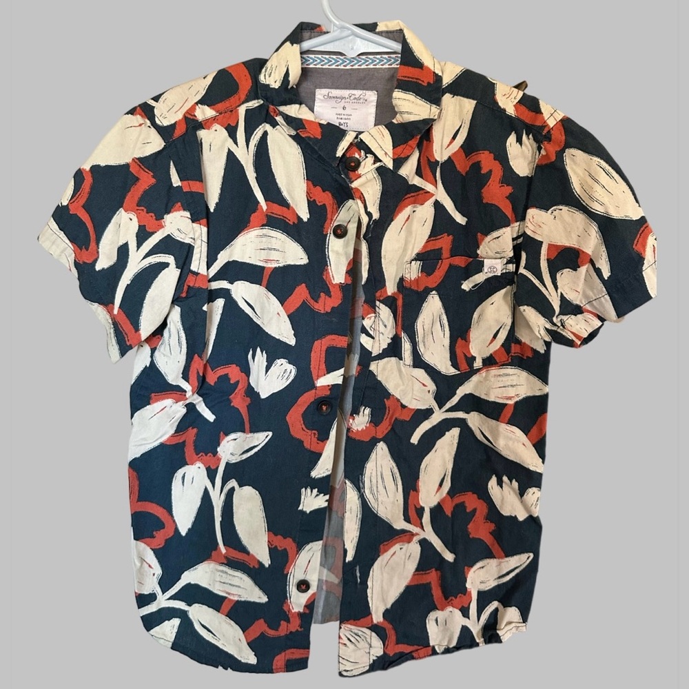 Boys size 6 orange and blue floral button down shirt.